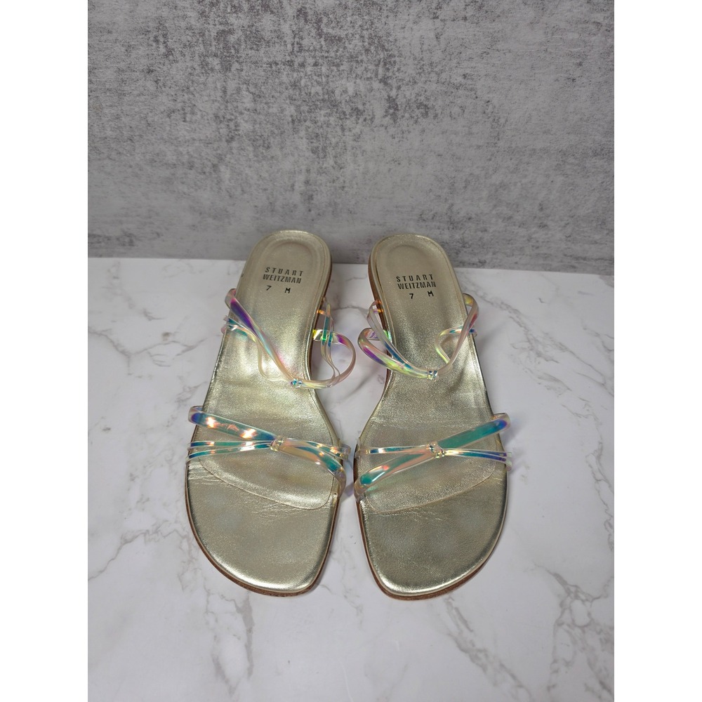 Stuart Weitzman Focus Gold Iridescent Holographic Kitten Heel Sandals 7M Y2K - Picture 4 of 12